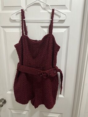 Day+ Moon Tweed Two Tone Wine Romper with Belted Waist